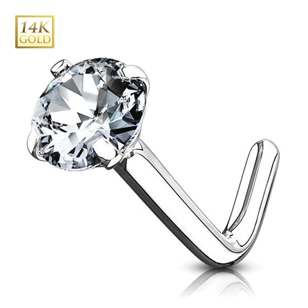14K Solid Gold 18 and 20 Gauge L Shaped Nose Stud with Prong Set CZ - photo 3