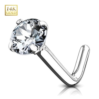 14K Solid Gold 18 and 20 Gauge L Shaped Nose Stud with Prong Set CZ - photo 3