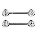 14K Solid Gold 14 Gauge Bezel Set Crystal CZ Nipple Barbell - Pair