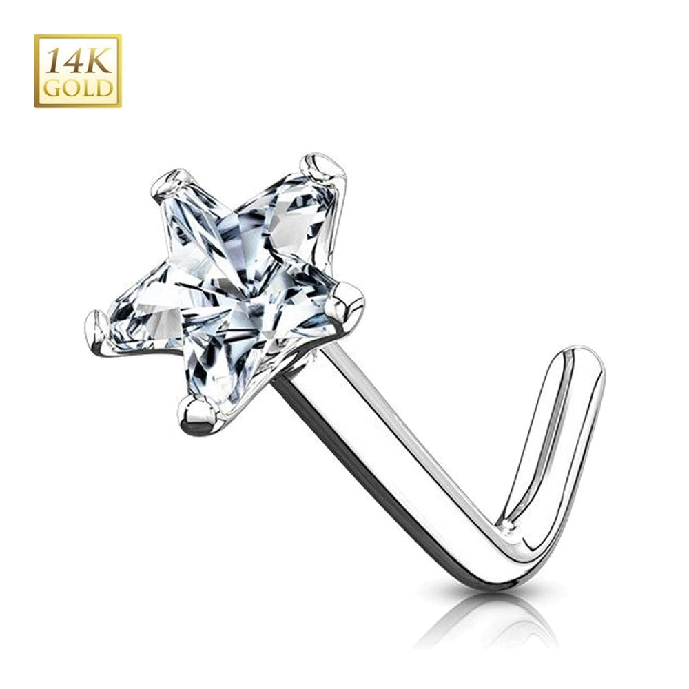 14K Solid Gold 20 Gauge L-Shaped Nose Stud with Star CZ - photo 3