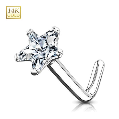 14K Solid Gold 20 Gauge L-Shaped Nose Stud with Star CZ - photo 3