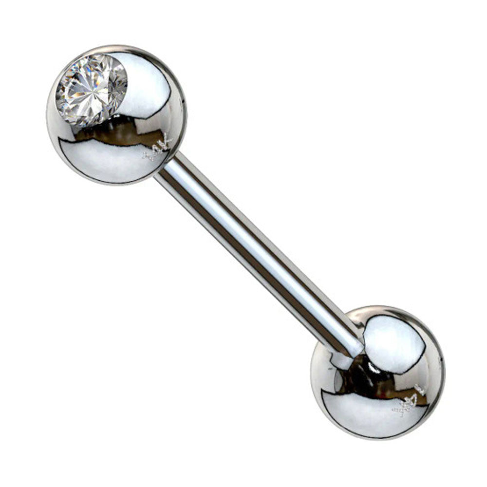 14K Solid Gold 14 Gauge CZ Straight Barbell Nipple Tongue Ring - photo 2