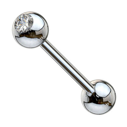 14K Solid Gold 14 Gauge CZ Straight Barbell Nipple Tongue Ring - photo 2