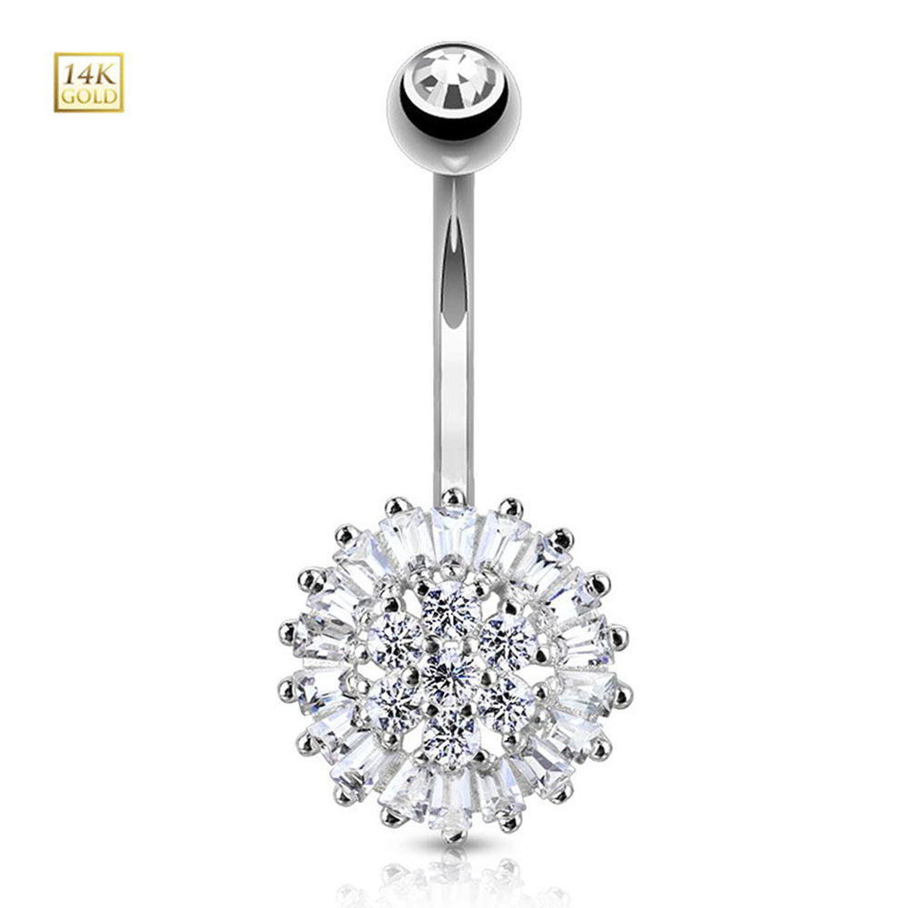 14K Solid Gold 14 Gauge Belly Ring with Clear CZ Sun Flower - photo 6