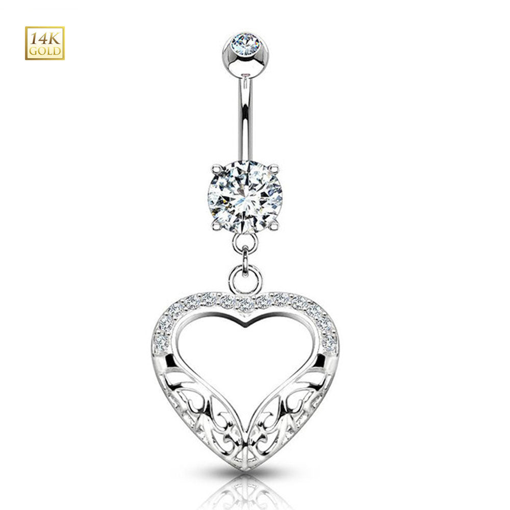14K Solid Gold 14 Gauge Belly Ring with Dangle Filigree Heart CZ - photo 2