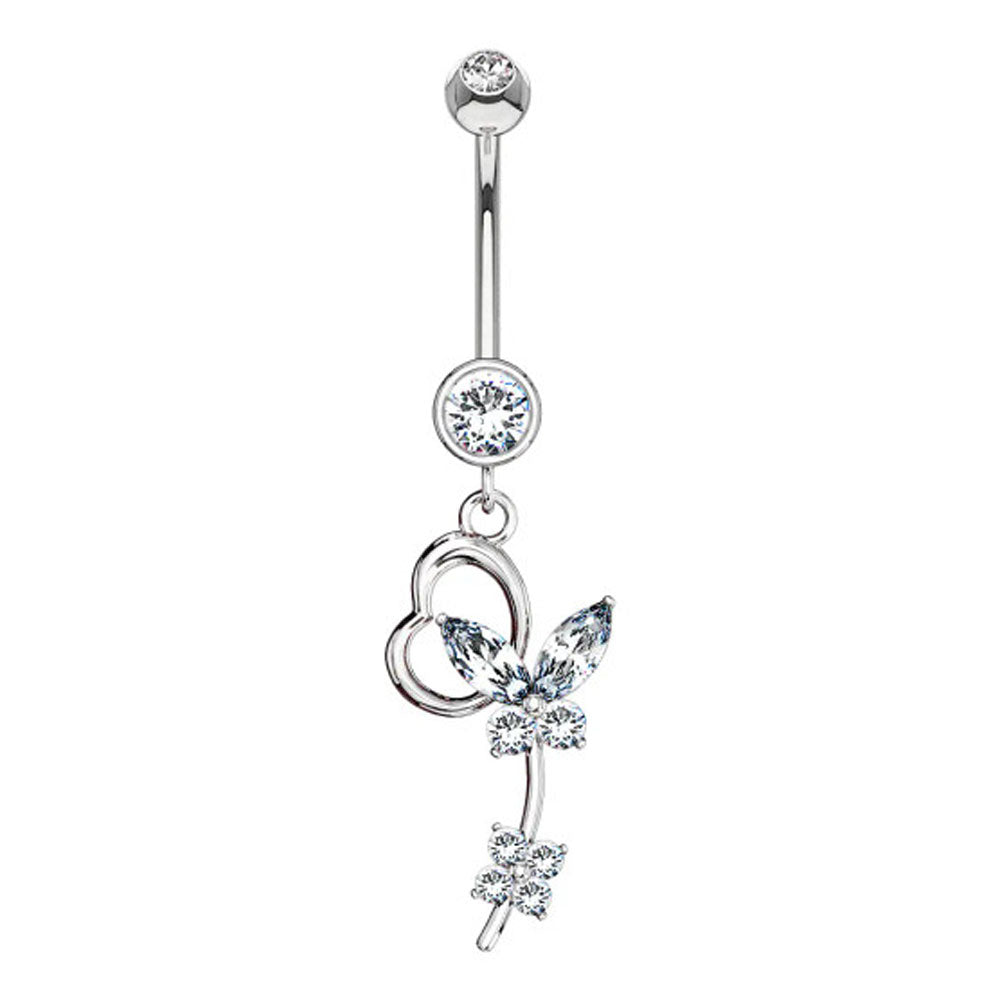 14K Solid Gold 14 Gauge Belly Ring with Flower Crystal CZ Butterfly - photo 5