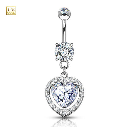 14K Solid Gold 14 Gauge Belly Ring with Dangle Solitaire Heart CZ - photo 5