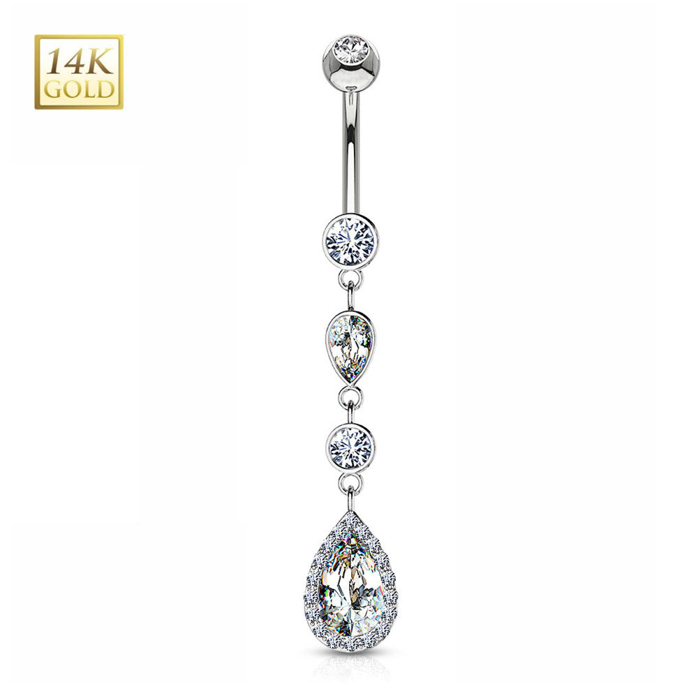 14K Solid Gold 14 Gauge Belly Ring with CZ Teardrop Dangle - photo 3