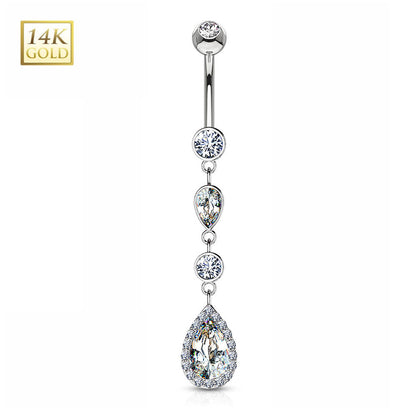 14K Solid Gold 14 Gauge Belly Ring with CZ Teardrop Dangle - photo 3