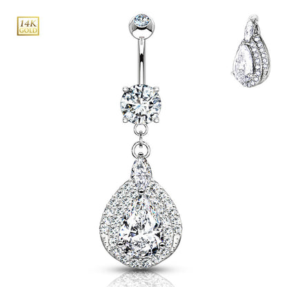 14K Solid Gold 14 Gauge Belly Ring with Dangle Teardrop Sparkle CZ - photo 3