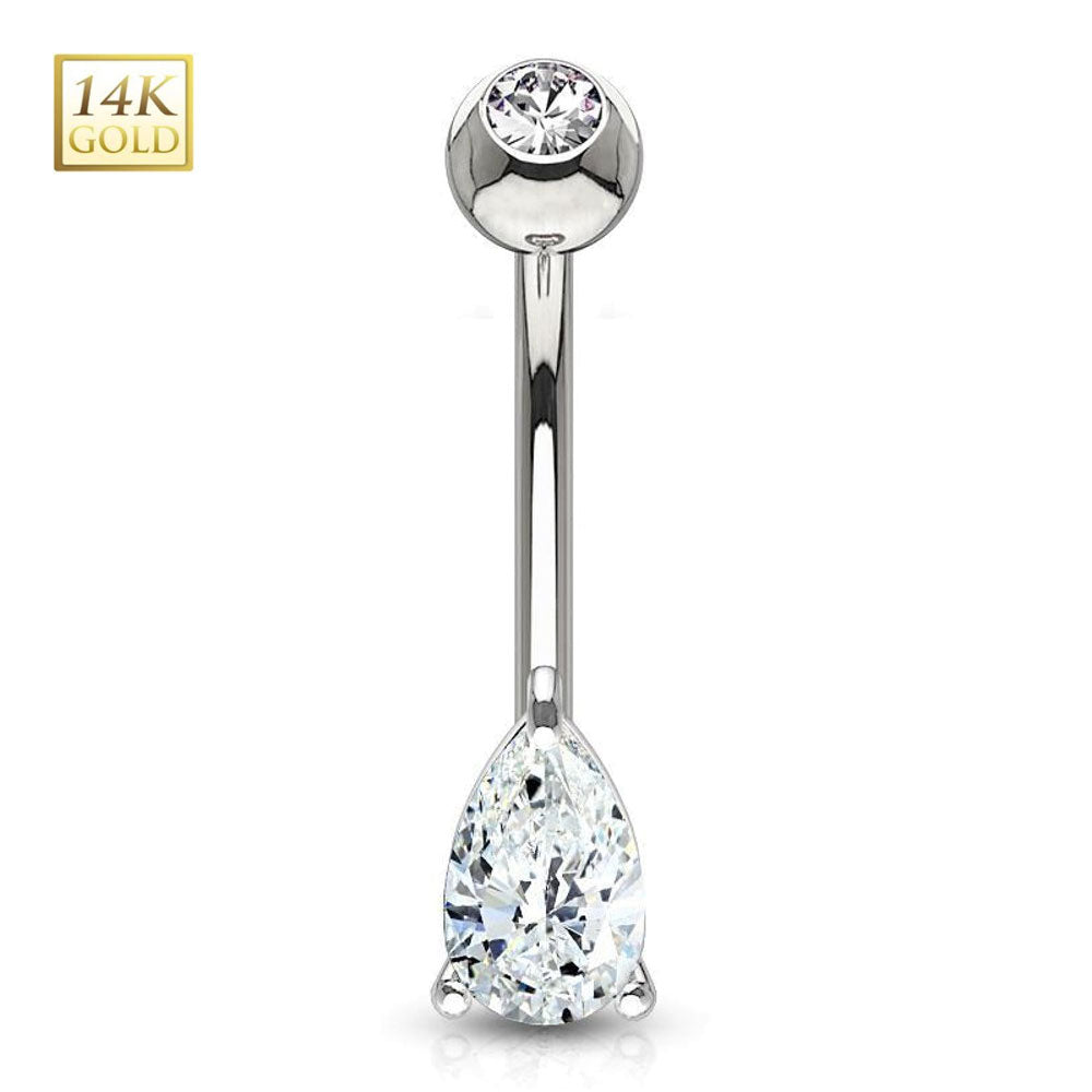 14K Solid Gold 14 Gauge Prong Set Teardrop CZ Belly Ring - photo 4