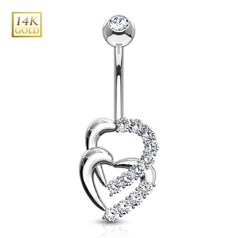 14K Solid Gold 14 Gauge Belly Ring with Double Heart Sparkle CZ - photo 5
