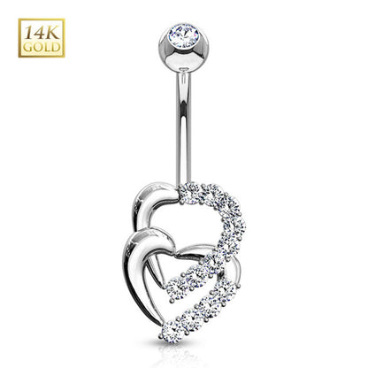 14K Solid Gold 14 Gauge Belly Ring with Double Heart Sparkle CZ - photo 5