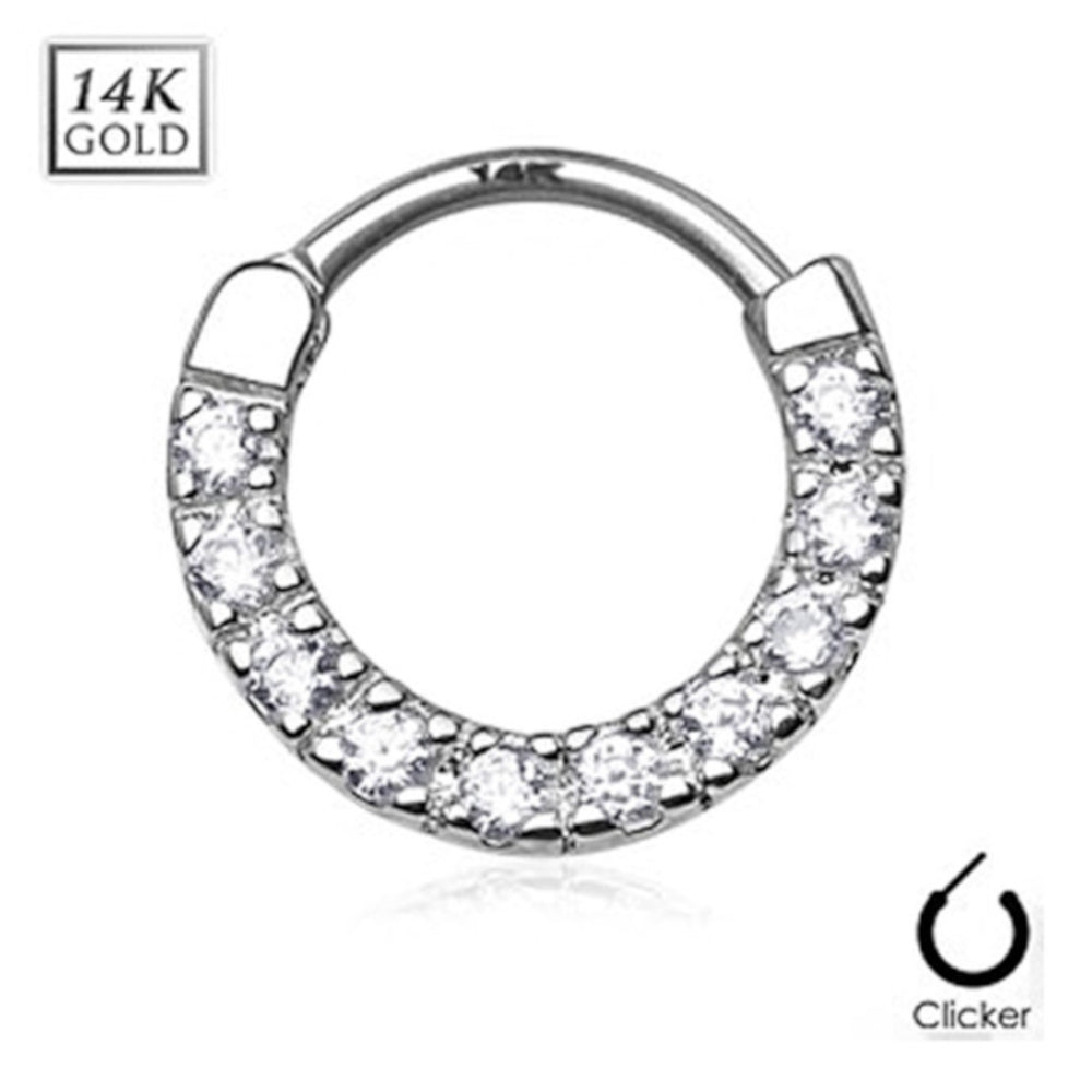 14K Solid Gold 14 Gauge Septum Clicker with Front Facing CZ Line - photo 2