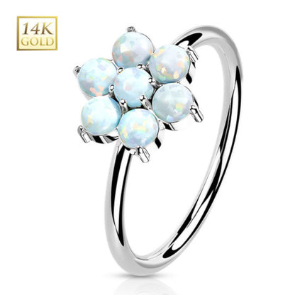 14K Solid Gold 20 Gauge Bendable Nose Ring with CZ Opal Flower - photo 10
