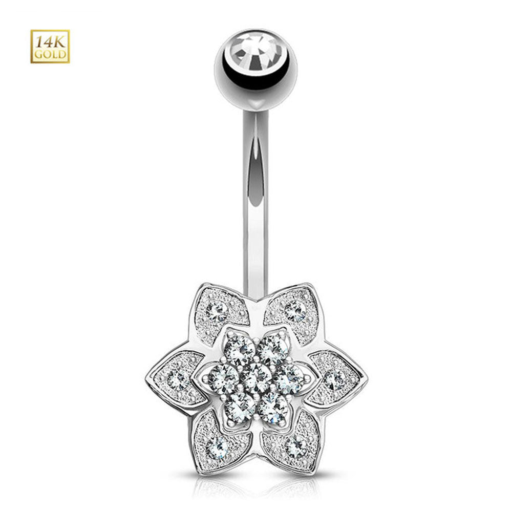 14K Solid Gold 14 Gauge Belly Ring with Petals Flower Cluster CZ - photo 5