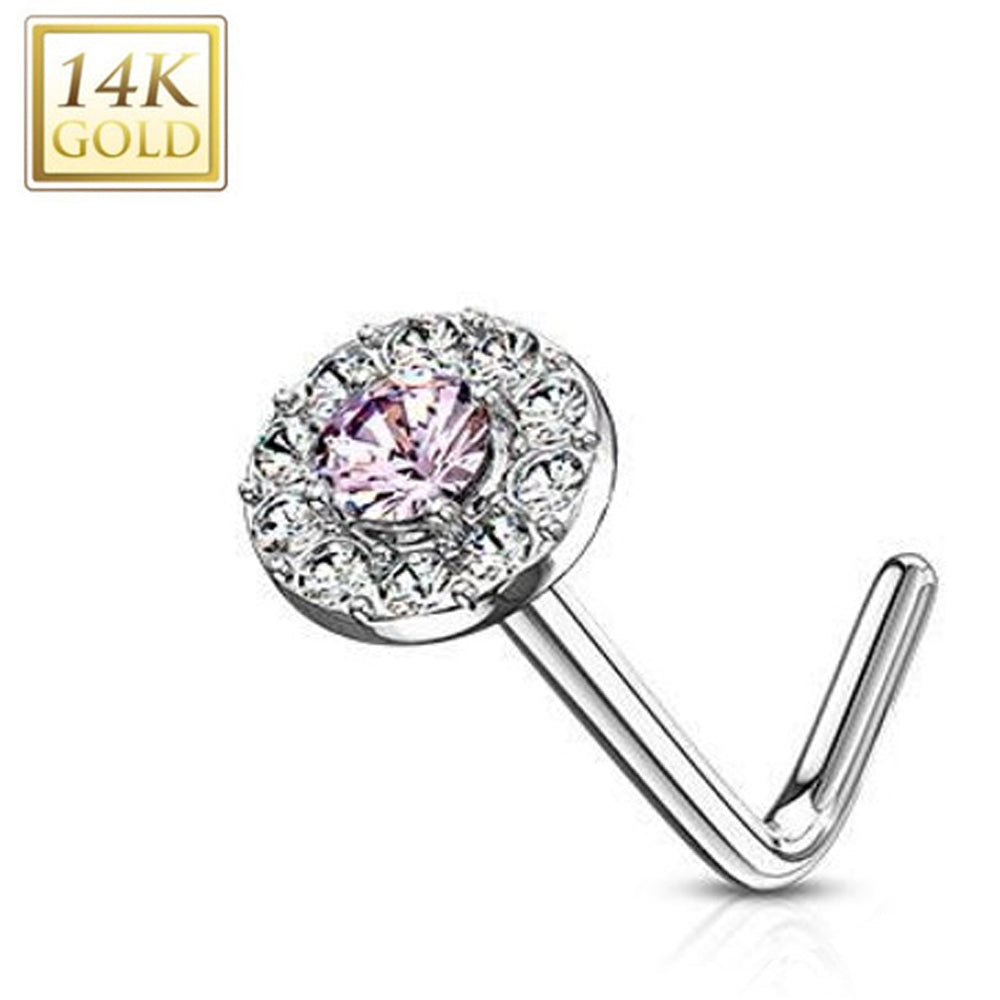 14K Solid Gold 20 Gauge L Shaped Nose Stud with Double Tier CZ - photo 8