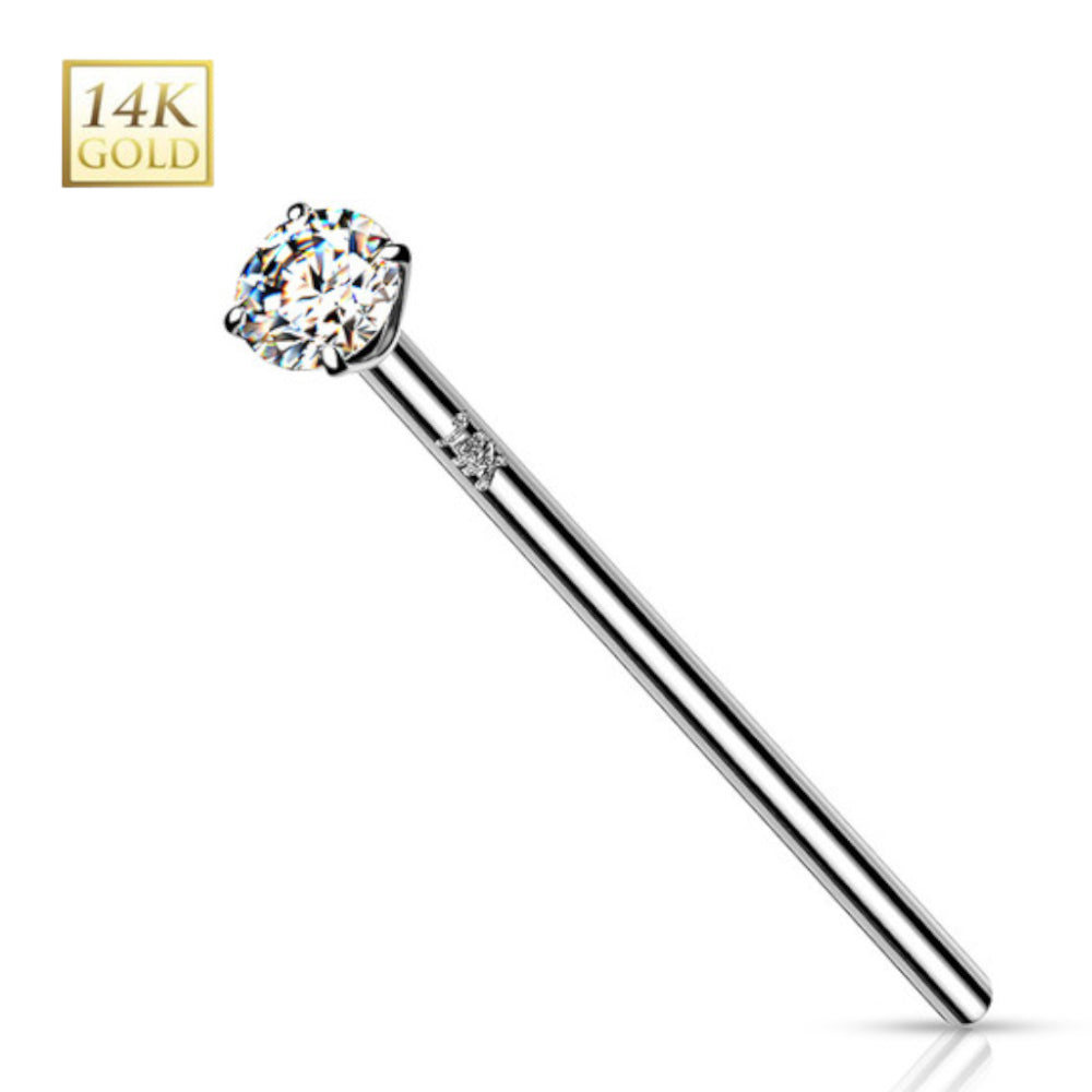 14K Solid Gold 20 & 18 Gauge Prong Set CZ Fishtail Nose Stud