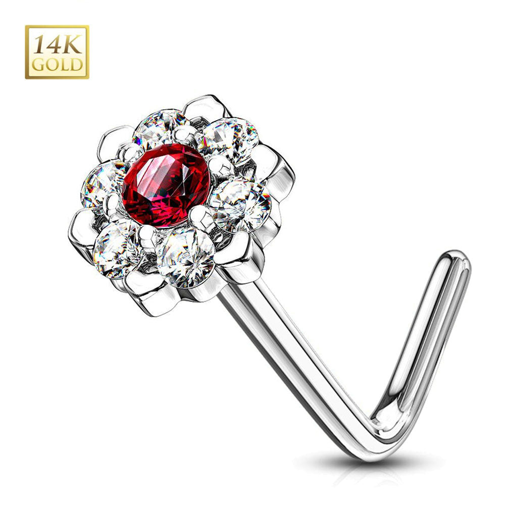 14K Solid Gold 20 Gauge L Shaped Nose Stud with CZ Flower - photo 10