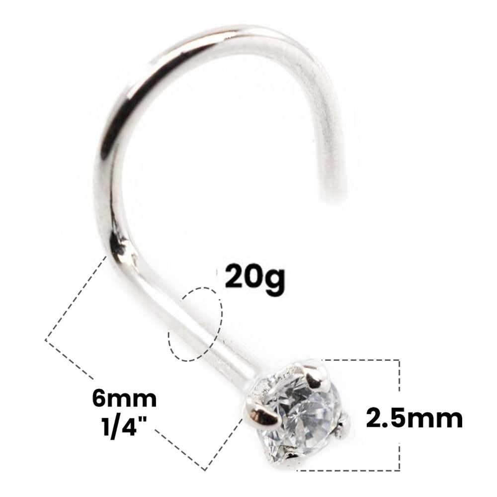 14K White Gold 20 Gauge Corkscrew Nose Screw with 2.5mm Diamond - photo 2