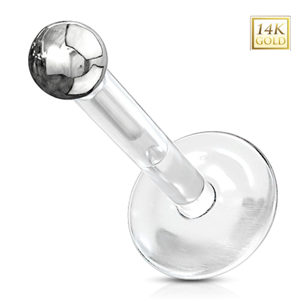 Clear Bioflex 16 Gauge Labret with 14K Solid Gold Push In Ball Top