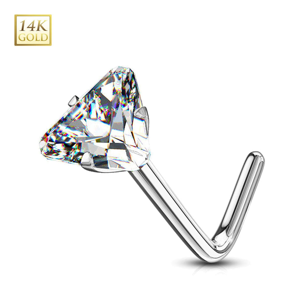 14K Solid Gold 20 Gauge L Shaped Nose Stud with Triangle CZ - photo 6