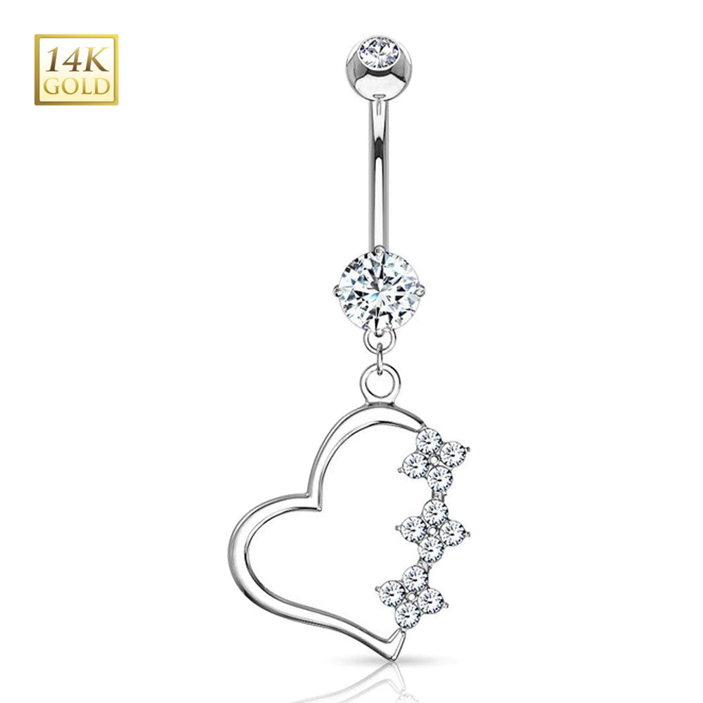 14K Solid Gold 14 Gauge Belly Ring with Triple Flower CZ Heart Dangle - photo 3
