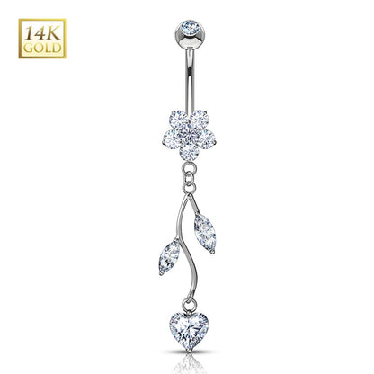 14K Solid Gold 14 Gauge Belly Ring with CZ Flower Dangle Vine - photo 3
