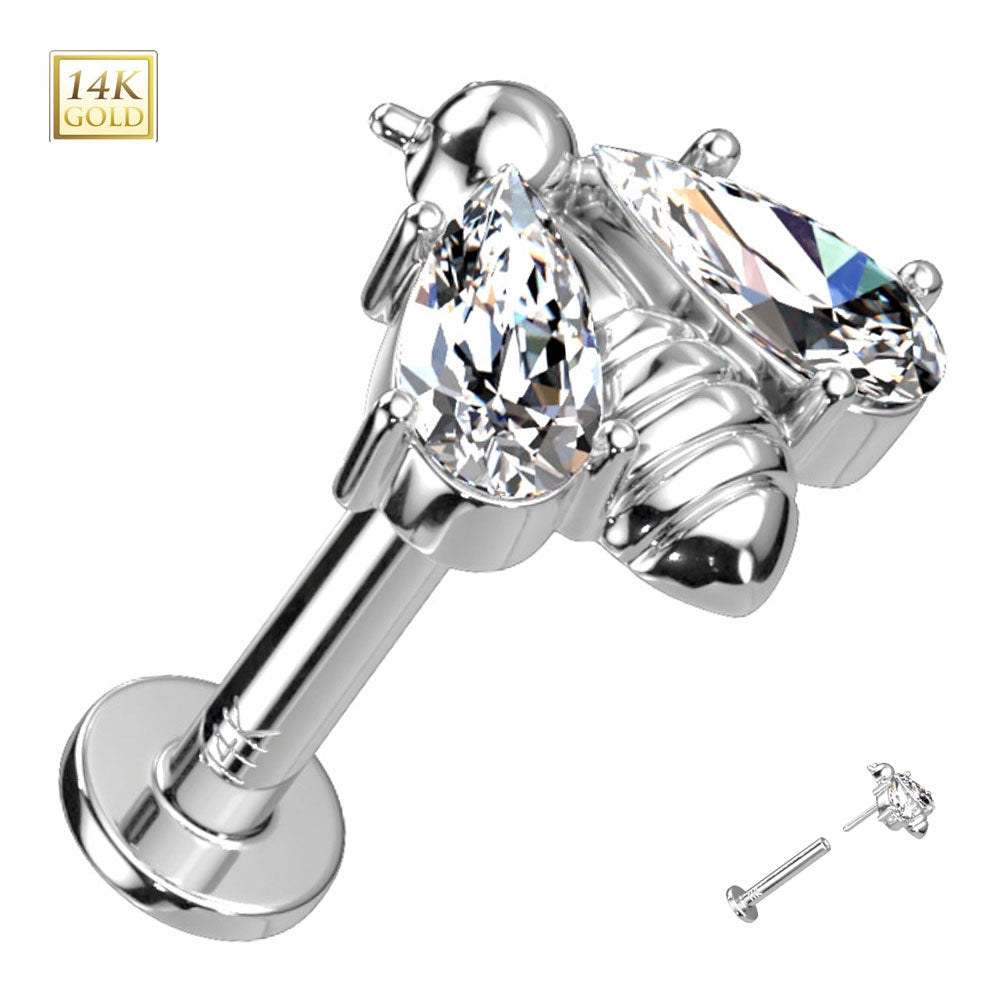 14K Solid Gold 16 Gauge Threadless CZ Wing Bee Labret Stud