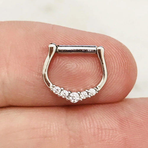 14 Karat Solid Gold Septum Clicker Hinged Ring 16 Gauge 5 Gems - Kruelty - Photo 2