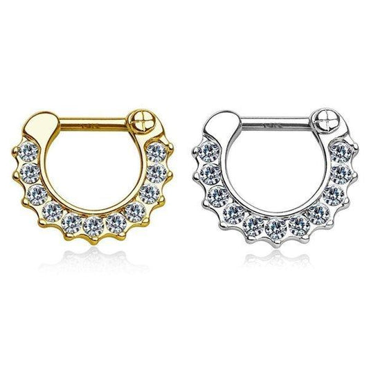 14 Karat Solid Gold Septum Clicker Hinged Ring 16 Gauge With Clear Gem