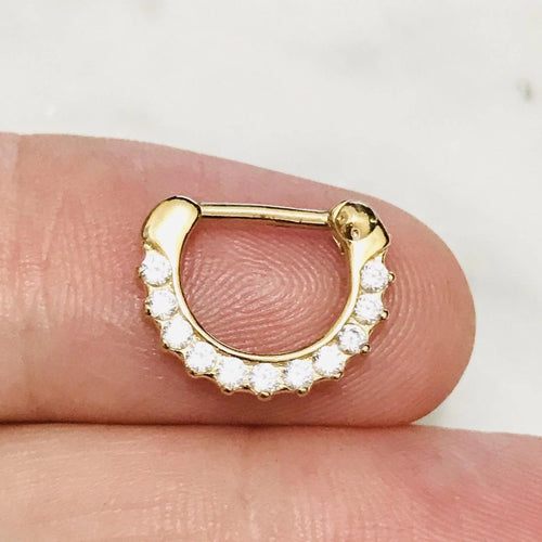 14 Karat Solid Gold Septum Clicker Hinged Ring 16 Gauge with Clear Gem - Kruelty - Photo 2