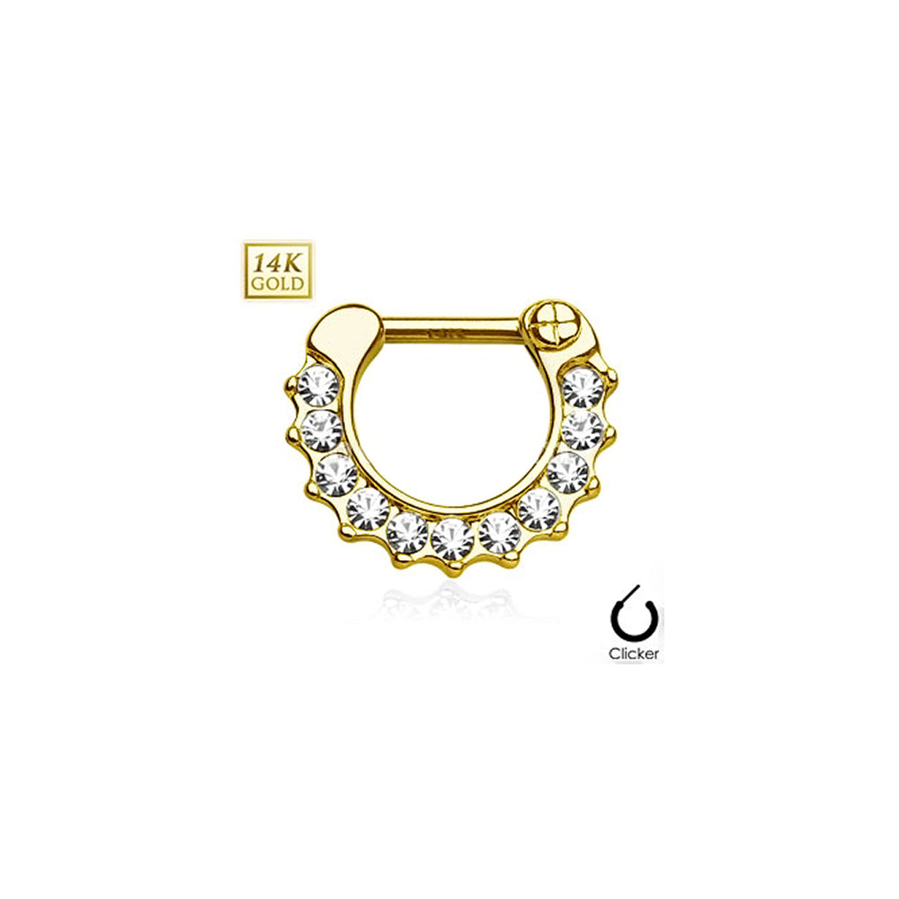 14K Solid Gold 16 Gauge Septum Clicker with CZ Paved Single Line - photo 3