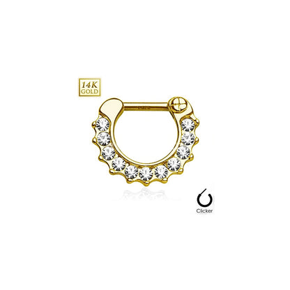 14K Solid Gold 16 Gauge Septum Clicker with CZ Paved Single Line - photo 3