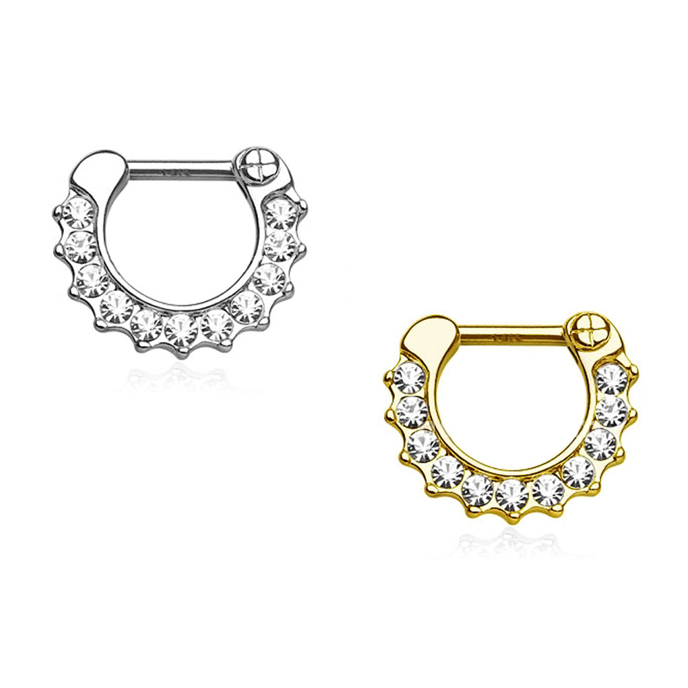 14K Solid Gold 16 Gauge Septum Clicker with CZ Paved Single Line