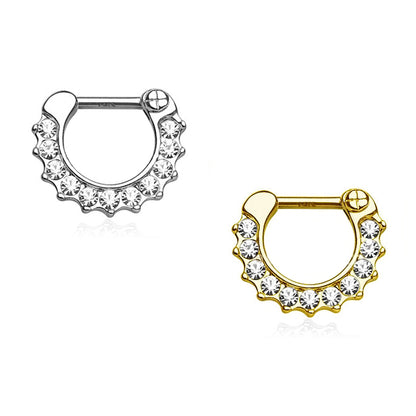 14K Solid Gold 16 Gauge Septum Clicker with CZ Paved Single Line