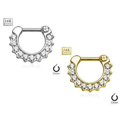 14K Solid Gold 16 Gauge Septum Clicker with CZ Paved Single Line - photo 4