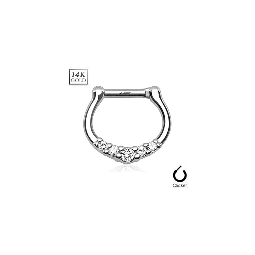 14K Solid Gold 16 Gauge Septum Clicker with Five CZ Paved - photo 2