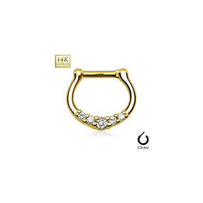 14K Solid Gold 16 Gauge Septum Clicker with Five CZ Paved - photo 3