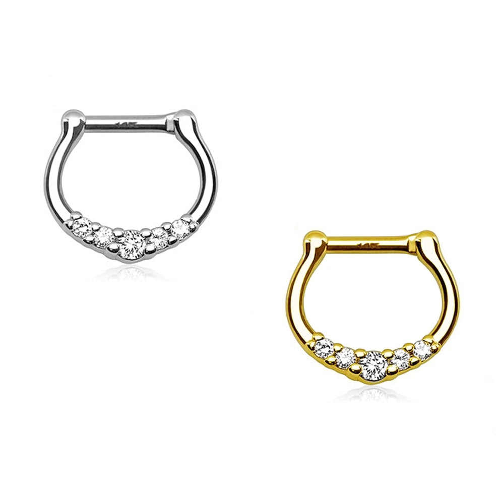 14K Solid Gold 16 Gauge Septum Clicker with Five CZ Paved