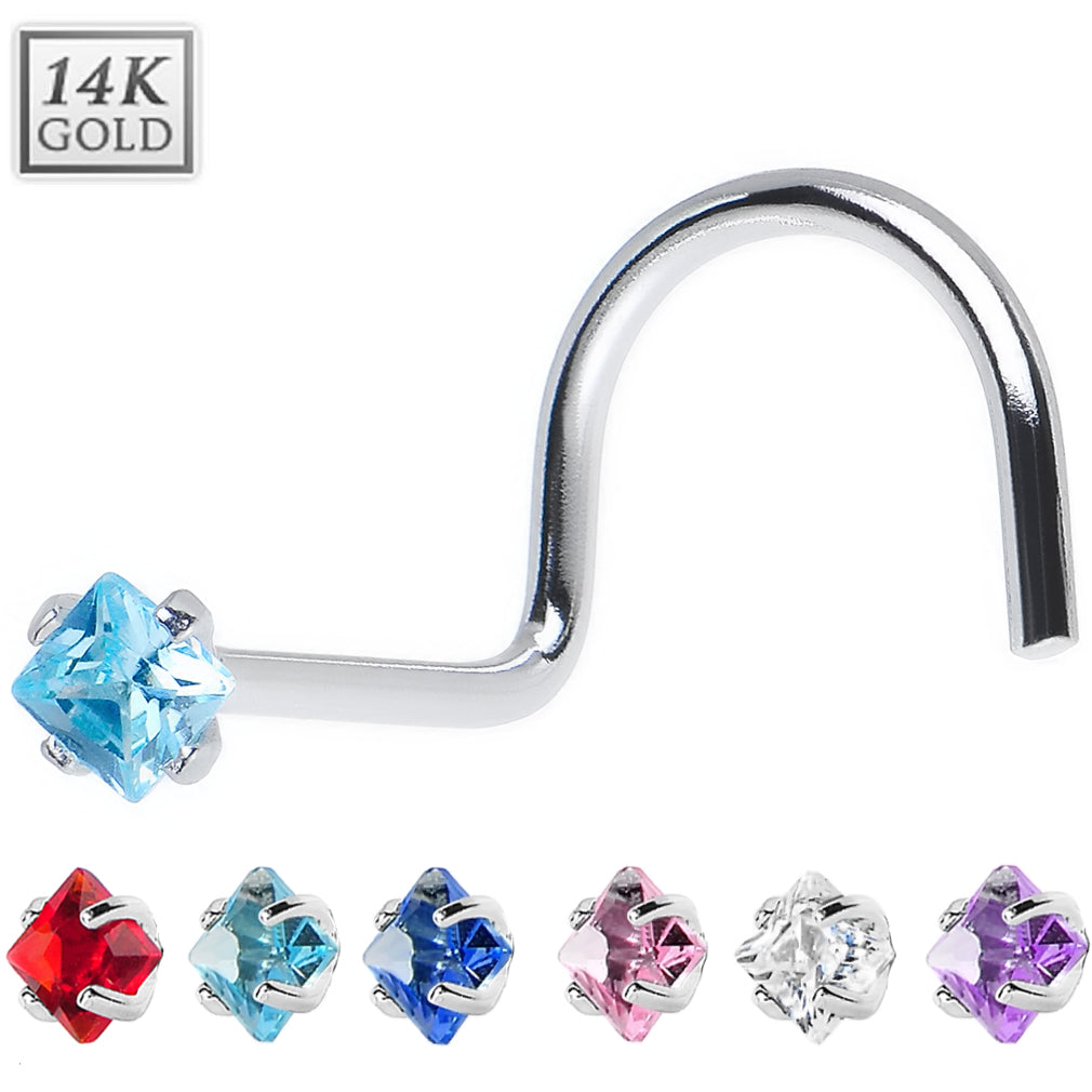 14K White Gold 20 Gauge Nose Screw with Square CZ Top