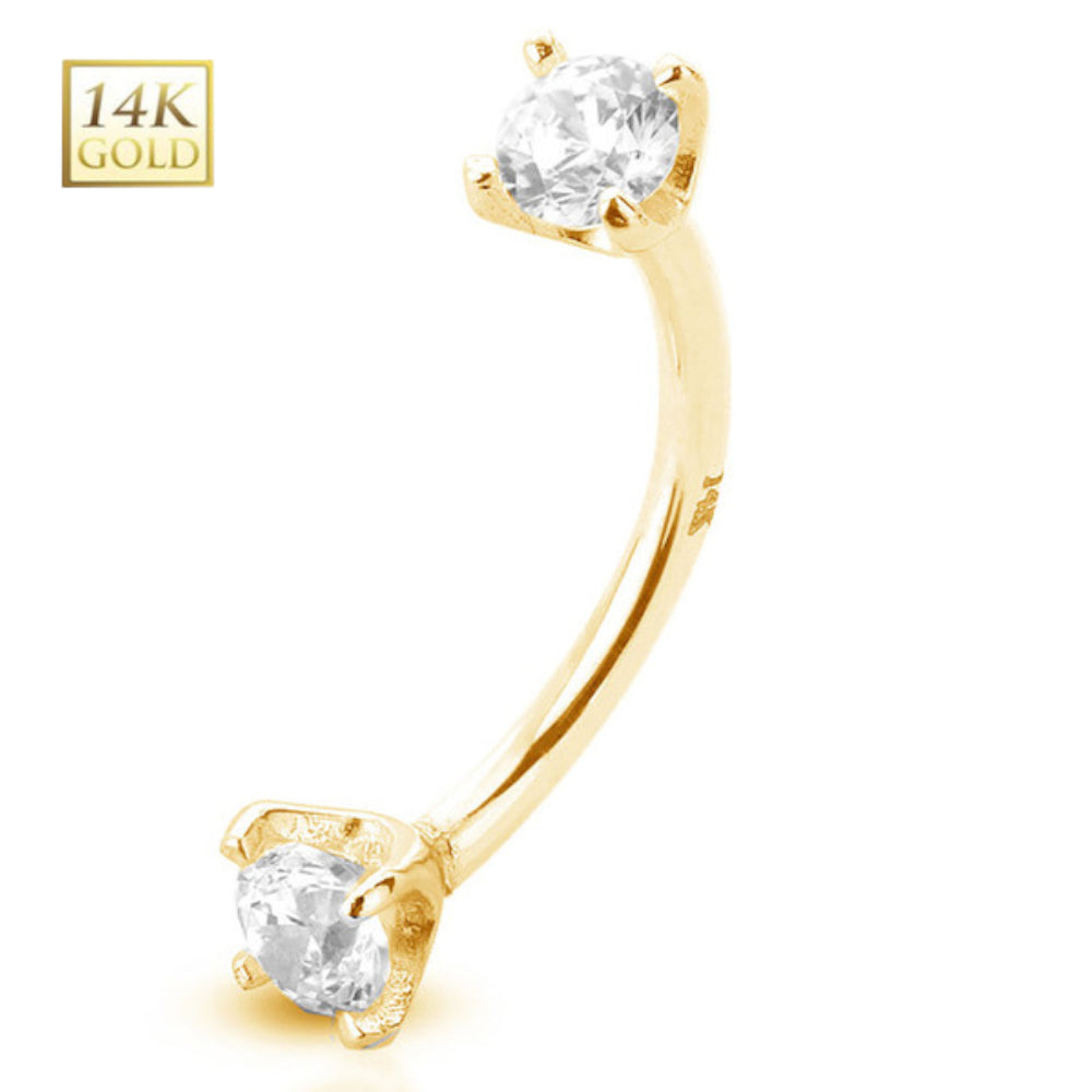 14K Solid Gold 16 Gauge Curved Barbell with Double Prong Set CZ - photo 3
