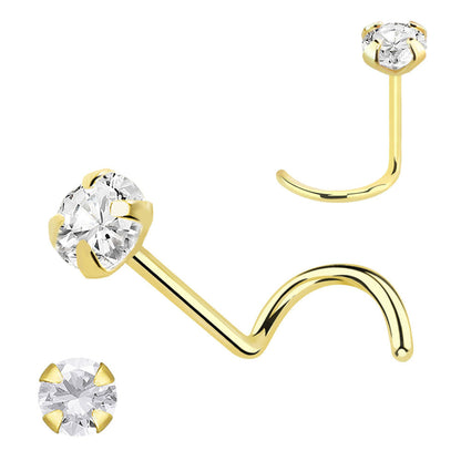 14K Solid Gold Corkscrew Nose Ring 22G 6mm with Prong CZ - photo 4
