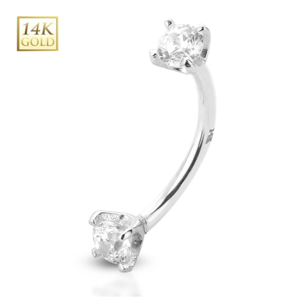 14K Solid Gold 16 Gauge Curved Barbell with Double Prong Set CZ - photo 4
