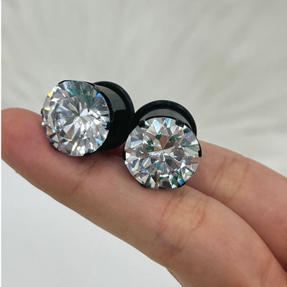 Black Surgical Steel 8 to 9/16 Inch Single Flare Plugs with CZ - Pair - photo 3
