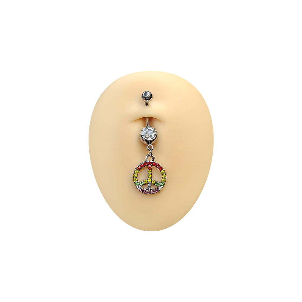 Surgical Steel Rainbow CZ Peace Sign Dangle Belly Button Ring
