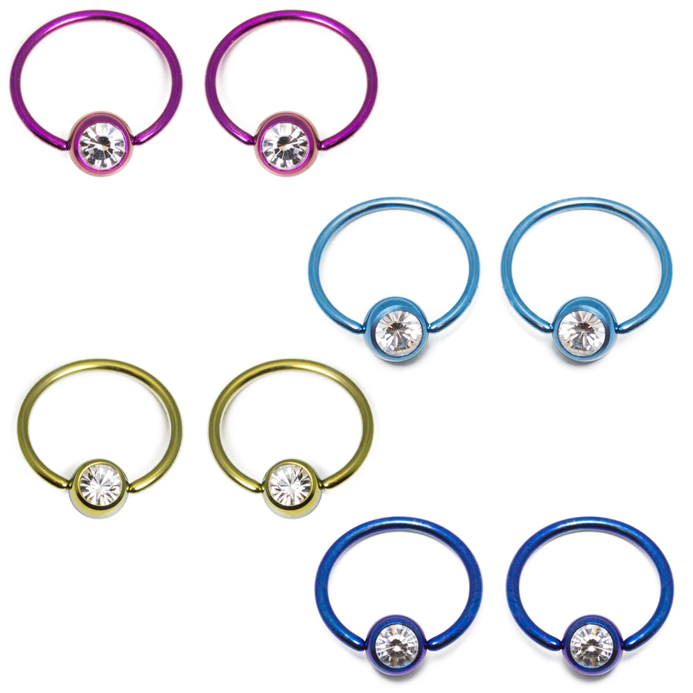 Anodized Titanium 16 Gauge Captive Ring with Press Fit Gem Ball - Pair