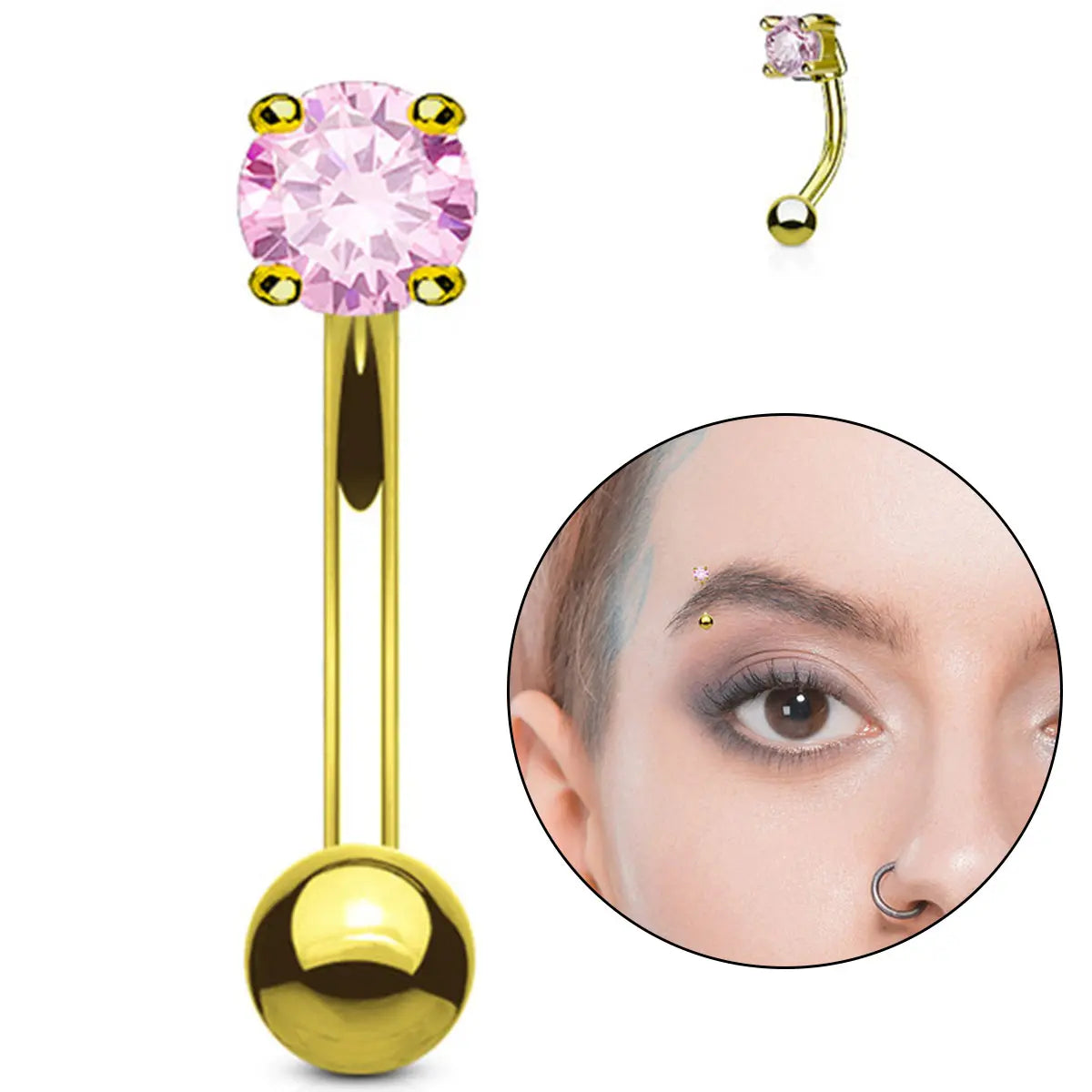 14K Solid Gold 16 Gauge Curved Eyebrow Barbell with CZ Top - photo 2