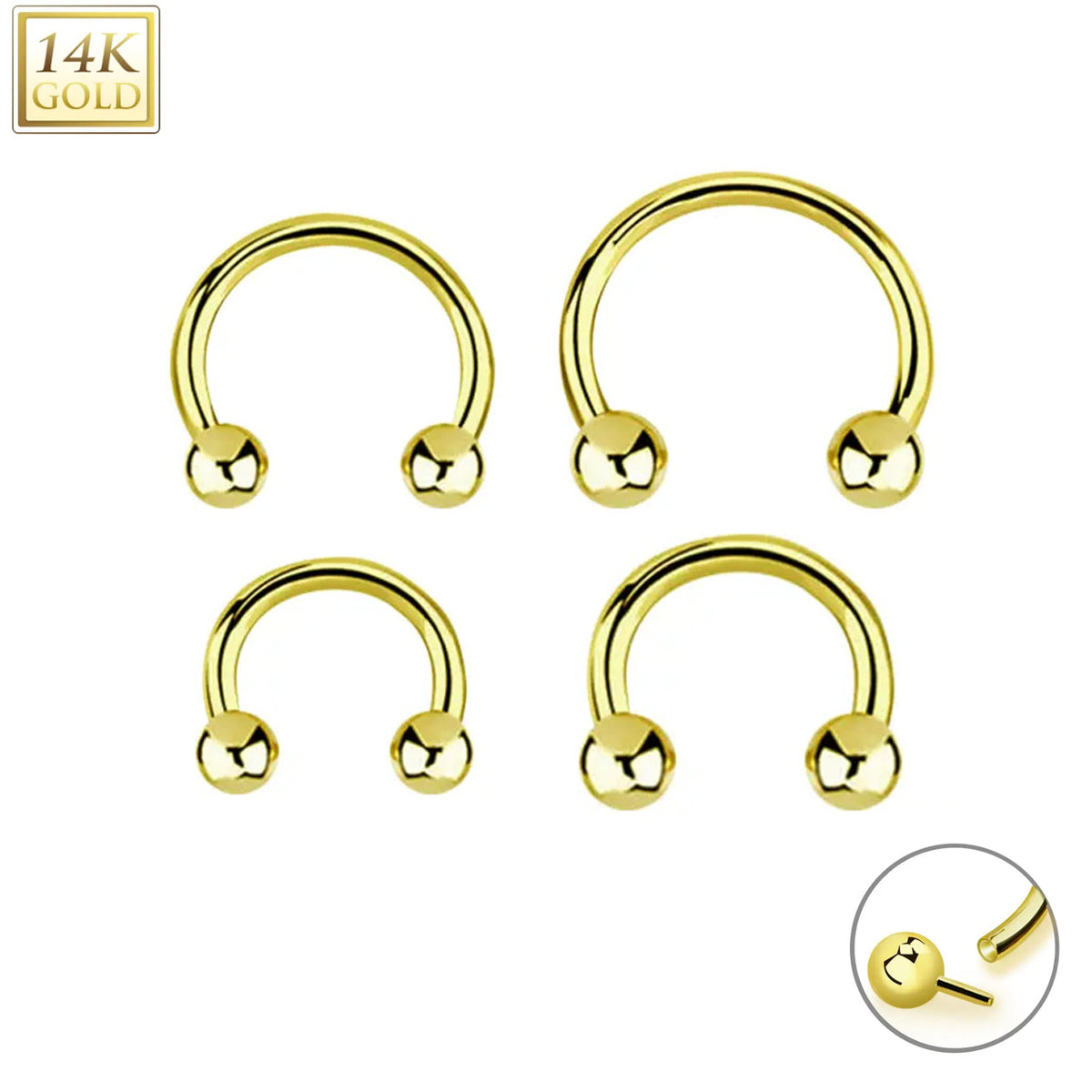 14 Karat Solid Gold Horseshoe Circular Barbell 16 Gauge Threadless - Kruelty