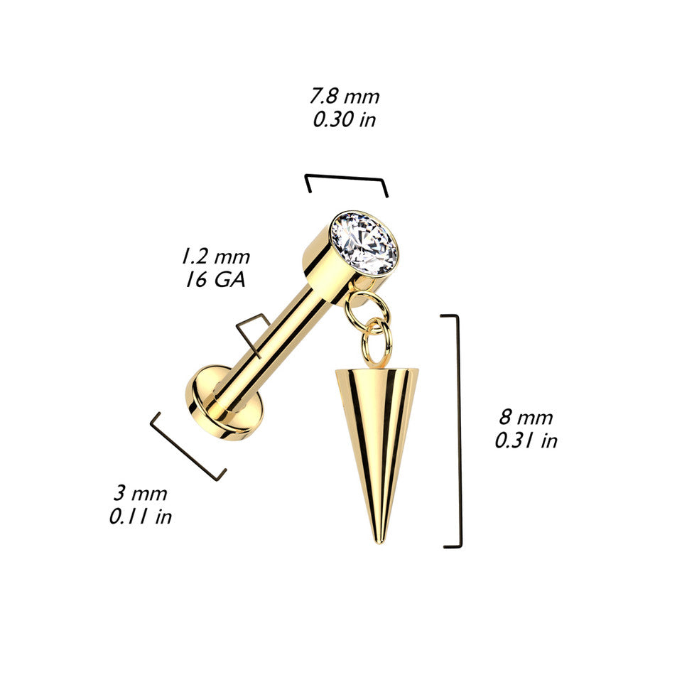 Titanium 16 Gauge Dangling Spike CZ Flat Back Labret Stud